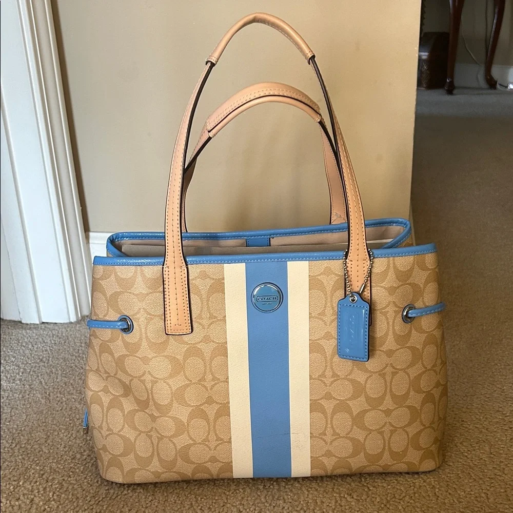 Coach Beige and Blue Stripe Tote - Picture 1 of 7